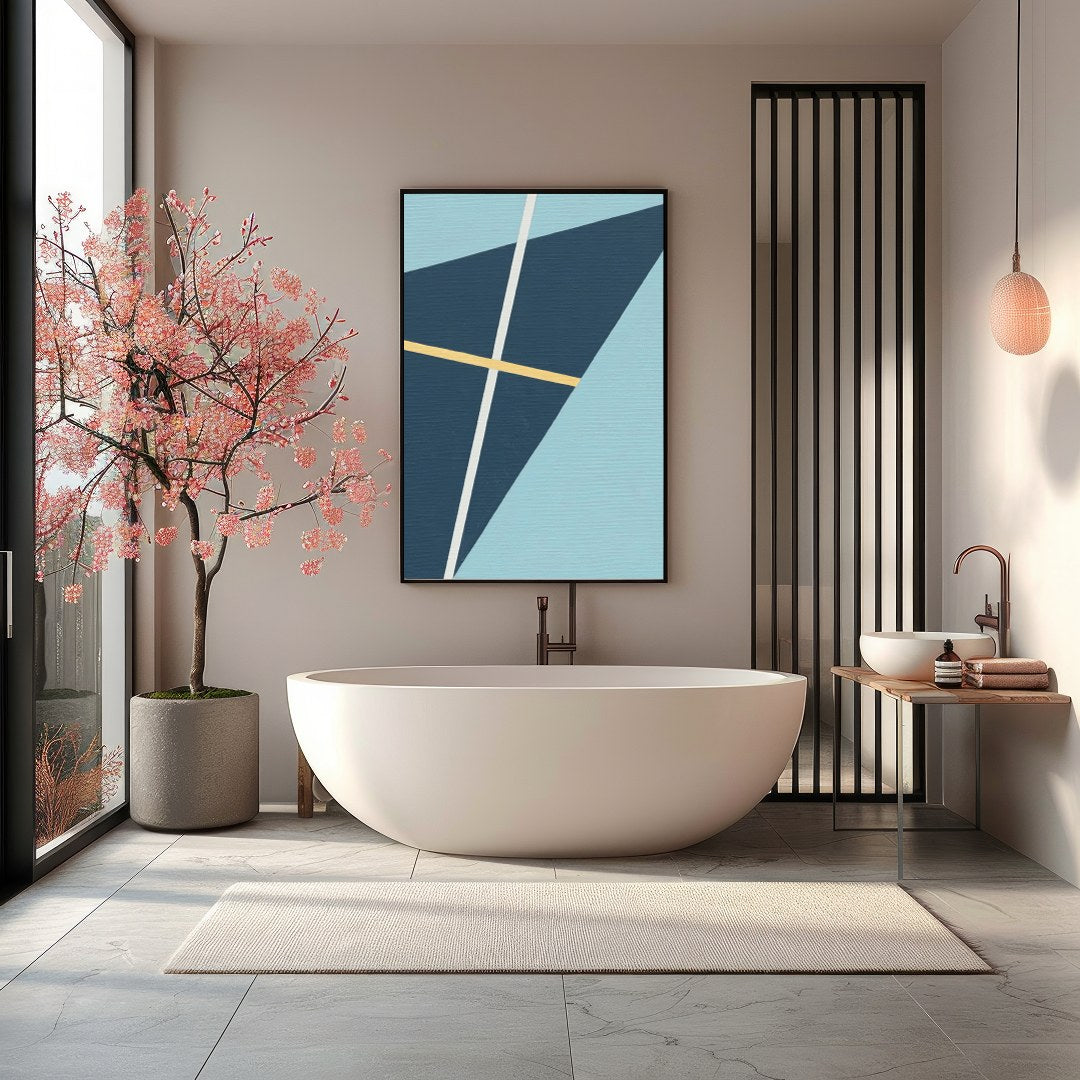 This striking geometric art piece showcases a dynamic interplay of shapes and lines against a soft for Bathroom