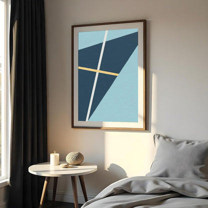 This striking geometric art piece showcases a dynamic interplay of shapes and lines against a soft for Bedroom