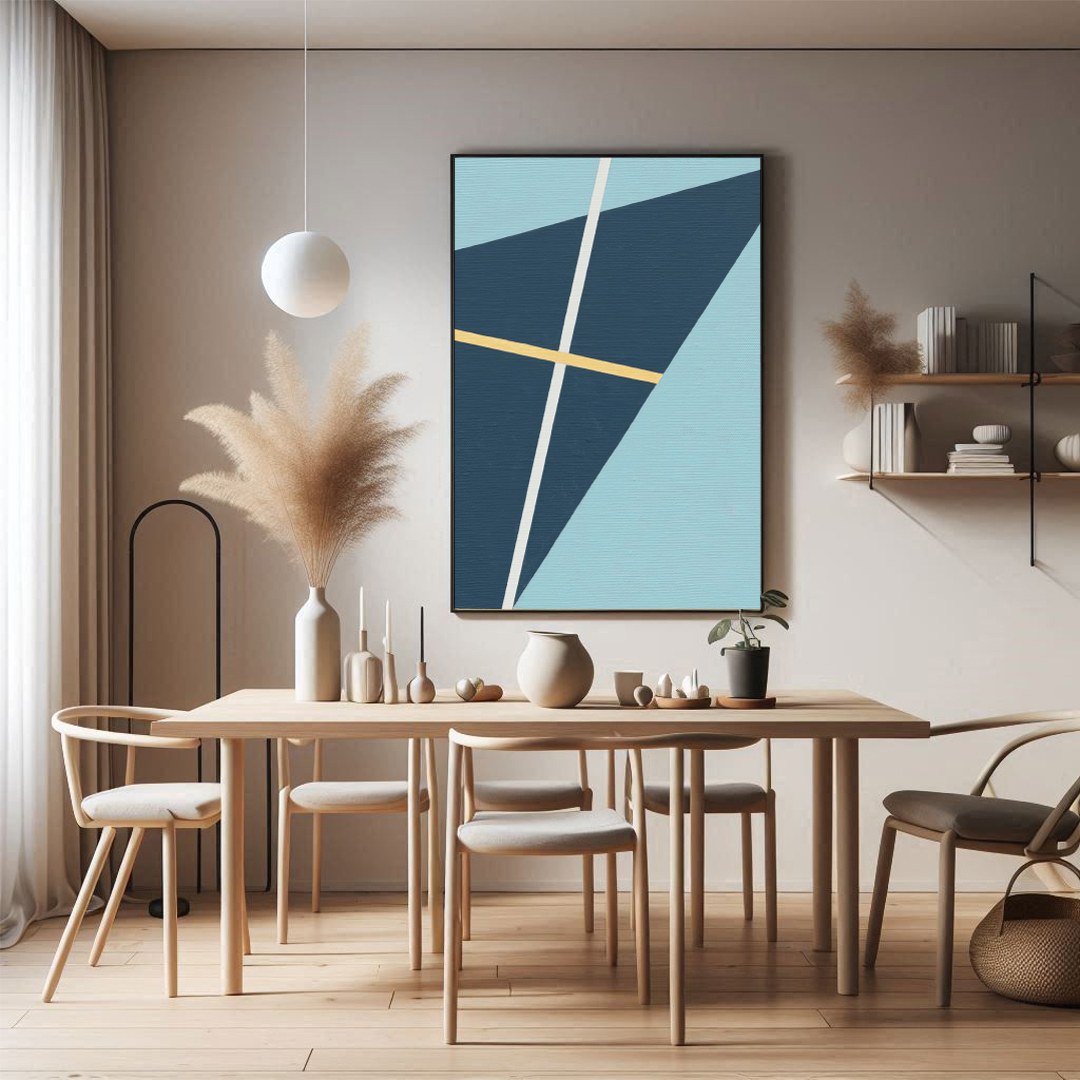 This striking geometric art piece showcases a dynamic interplay of shapes and lines against a soft for Dining