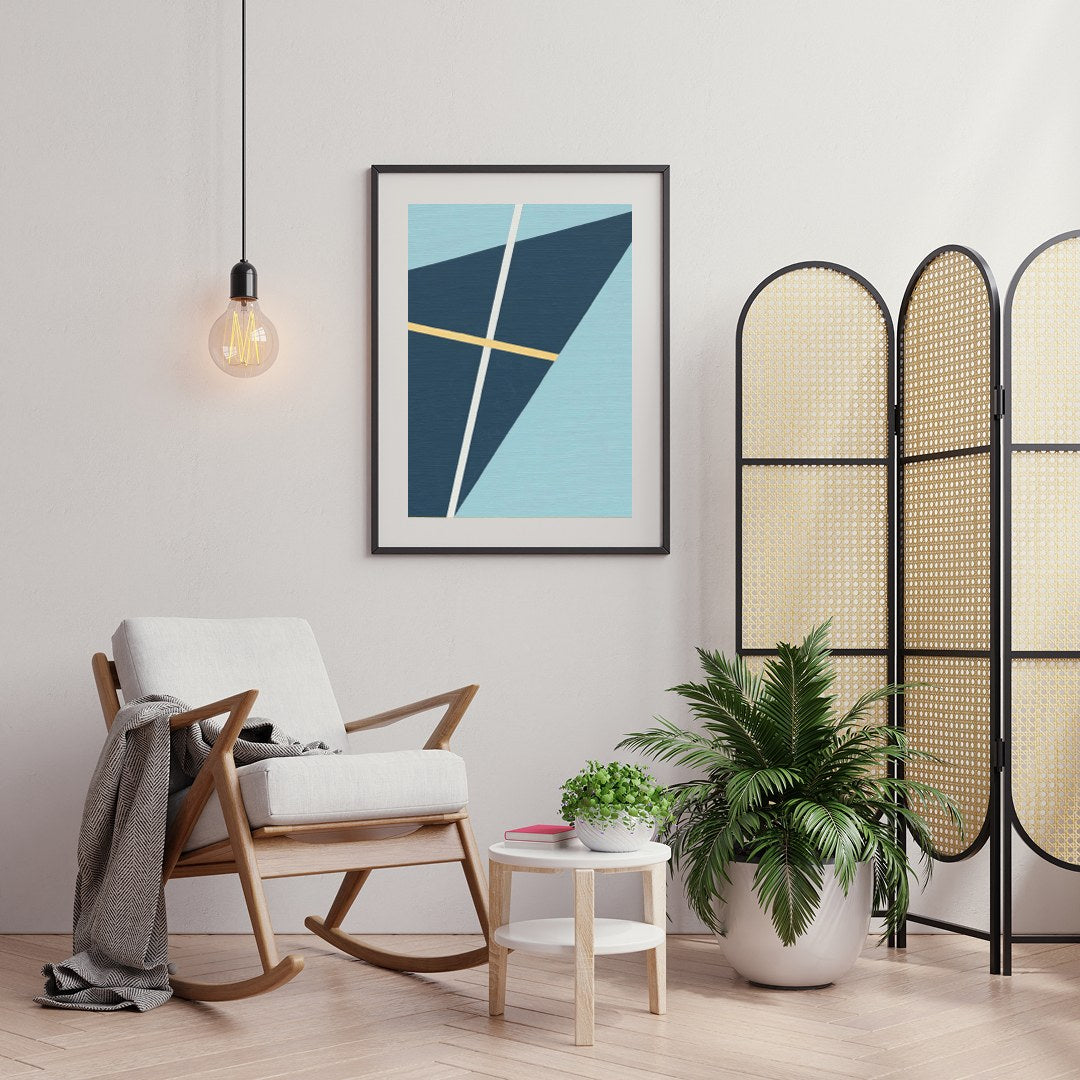 This striking geometric art piece showcases a dynamic interplay of shapes and lines against a soft for Foyer