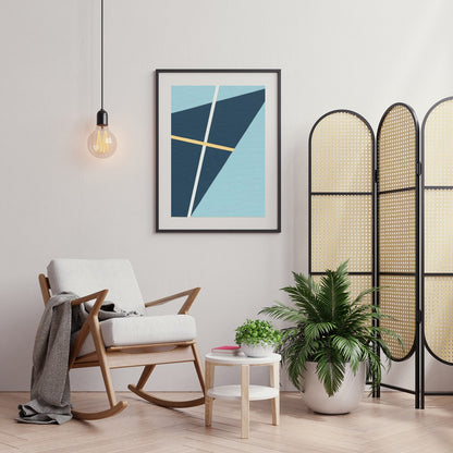 This striking geometric art piece showcases a dynamic interplay of shapes and lines against a soft for Foyer