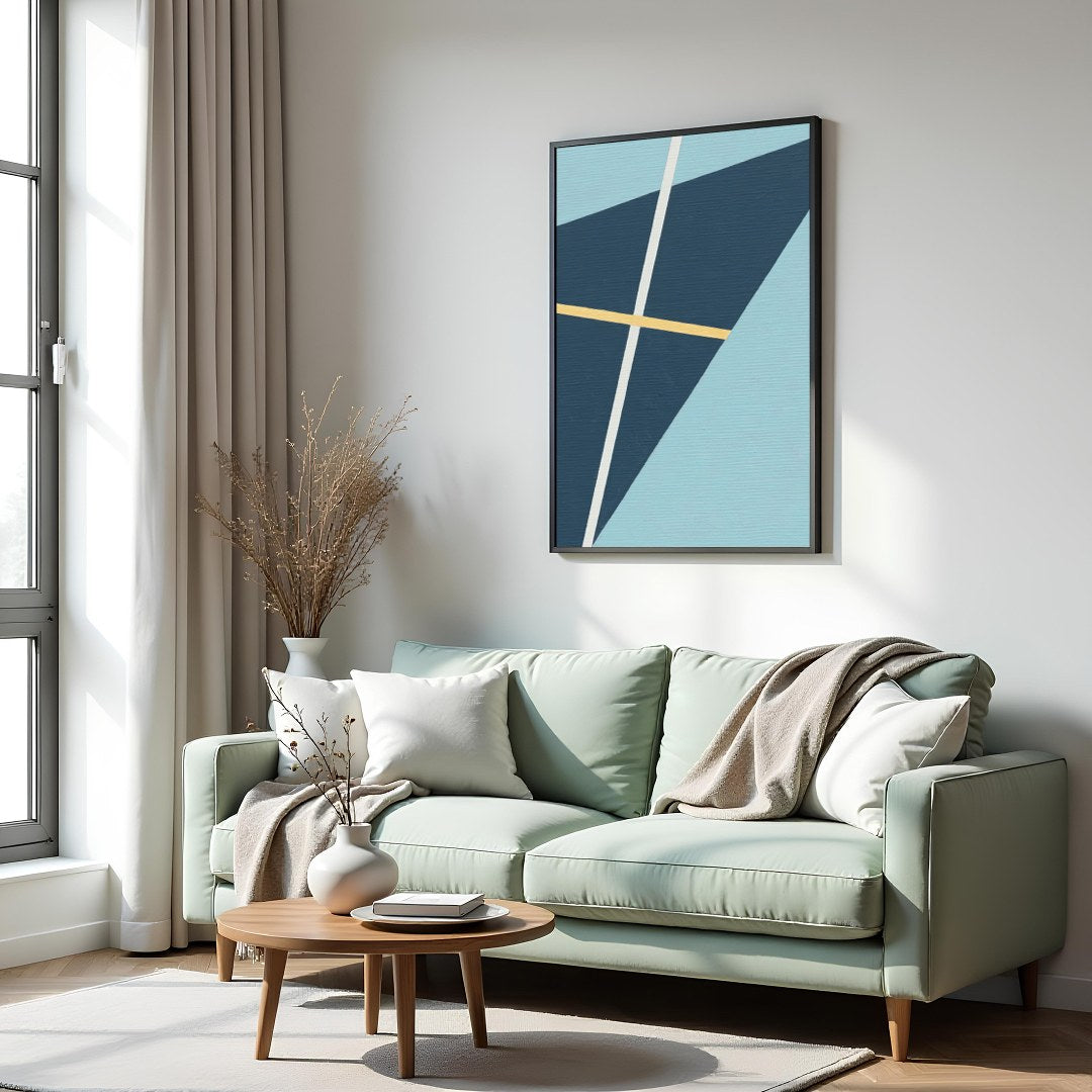 This striking geometric art piece showcases a dynamic interplay of shapes and lines against a soft for Hall
