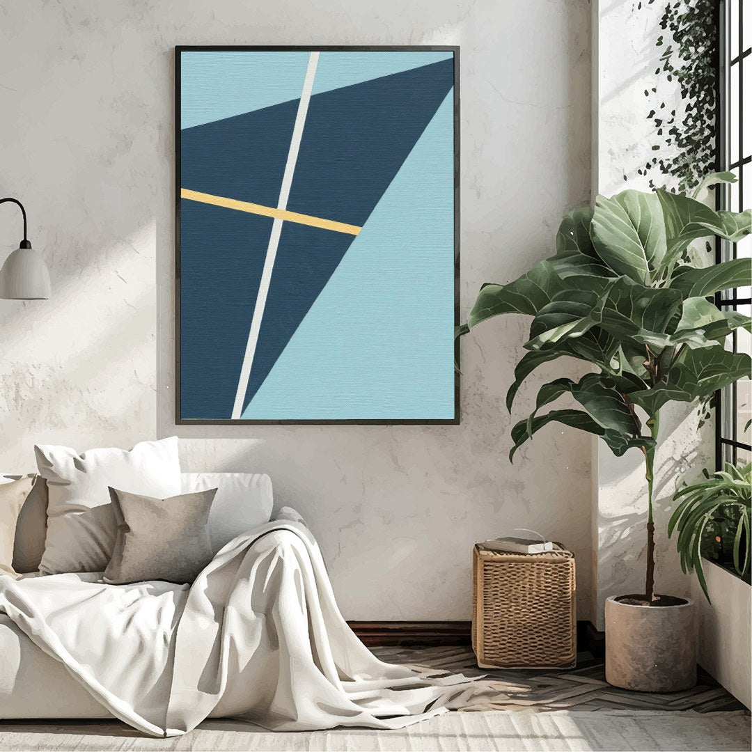 This striking geometric art piece showcases a dynamic interplay of shapes and lines against a soft for Living Room