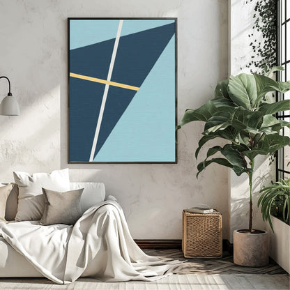 This striking geometric art piece showcases a dynamic interplay of shapes and lines against a soft for Living Room
