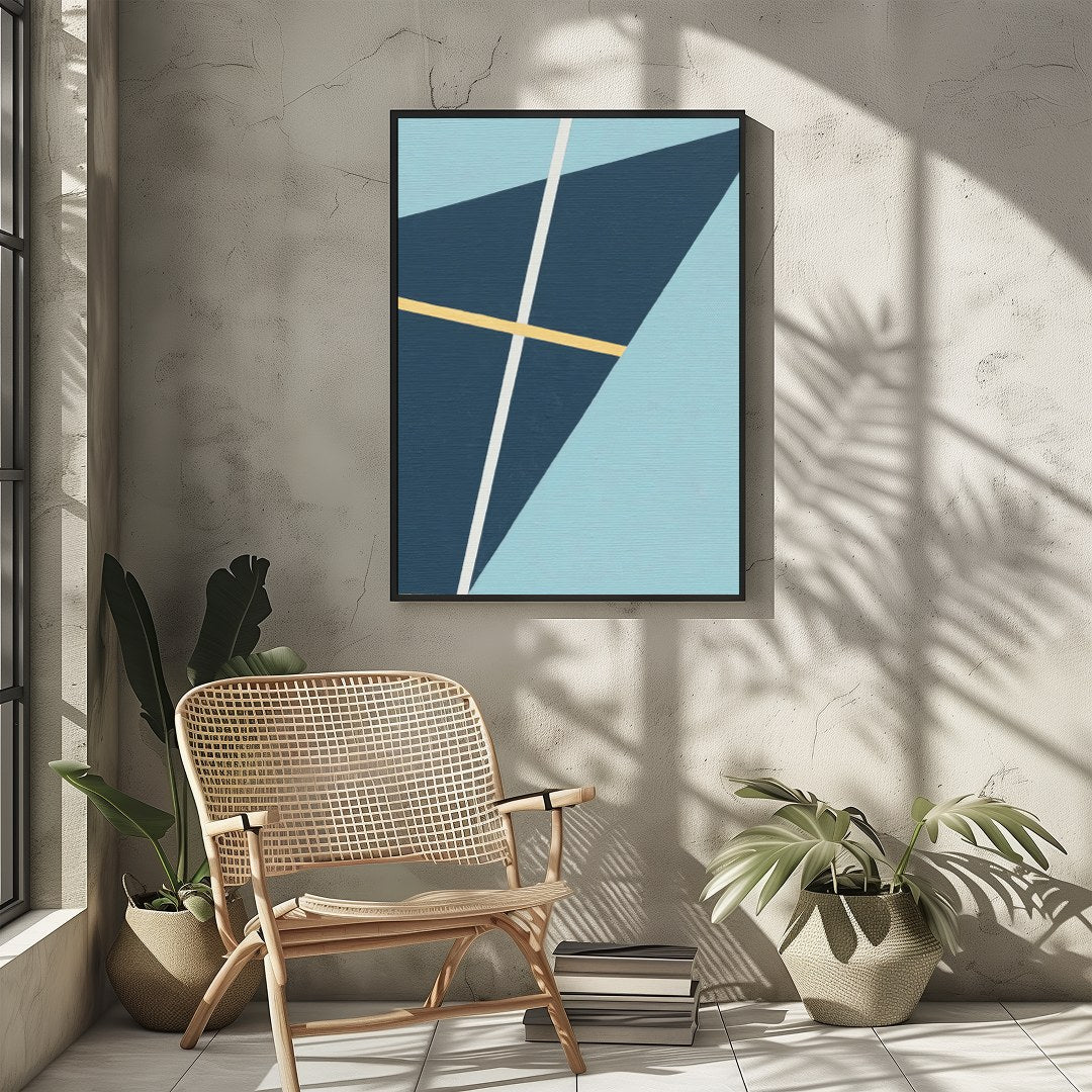 This striking geometric art piece showcases a dynamic interplay of shapes and lines against a soft for Sitting Area