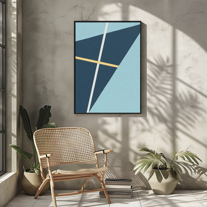 This striking geometric art piece showcases a dynamic interplay of shapes and lines against a soft for Sitting Area