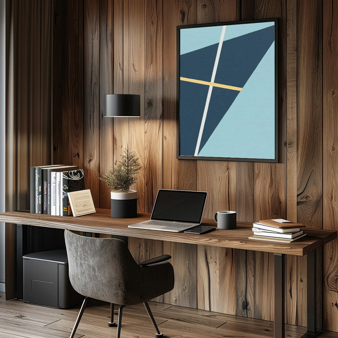 This striking geometric art piece showcases a dynamic interplay of shapes and lines against a soft for Study and Office