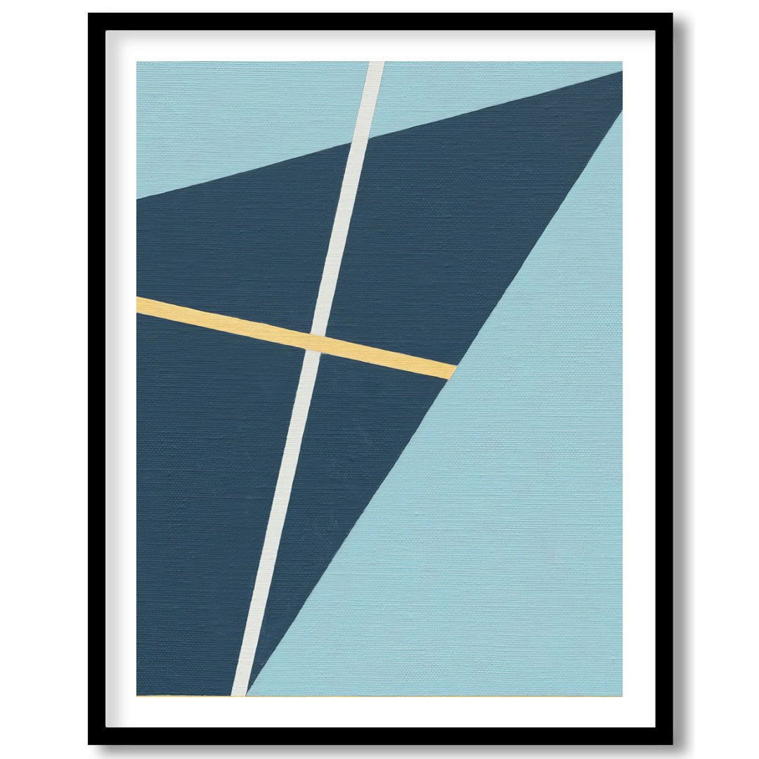This striking geometric art piece showcases a dynamic interplay of shapes and lines against a soft for sweet-home