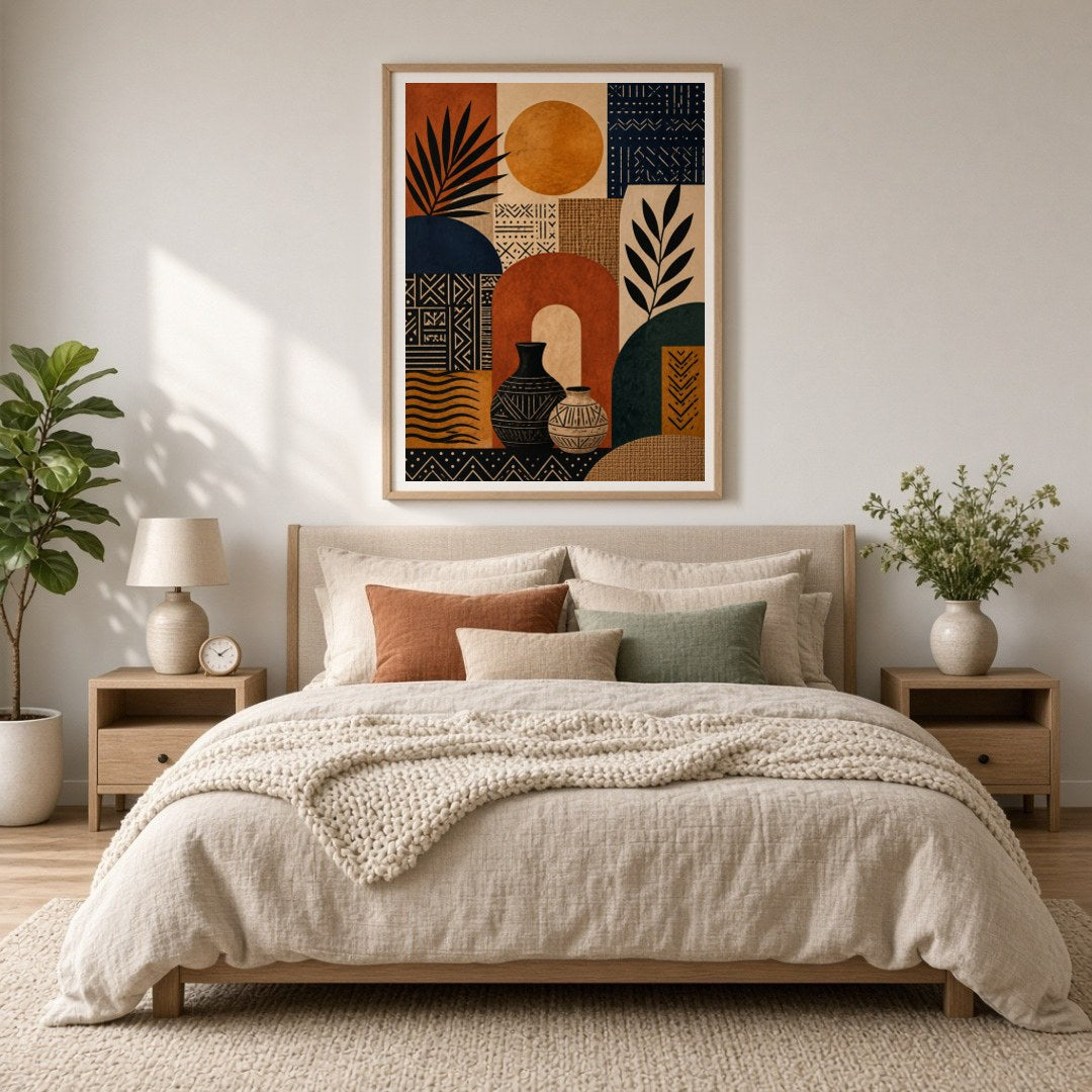 This captivating art print beautifully combines geometric patterns with the warmth of earthen hues. for Bedroom