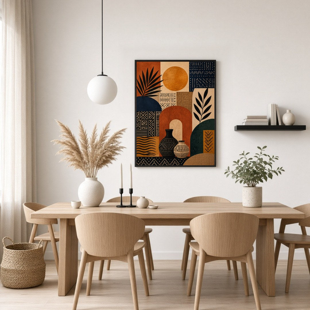 This captivating art print beautifully combines geometric patterns with the warmth of earthen hues. for Dining