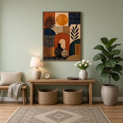 This captivating art print beautifully combines geometric patterns with the warmth of earthen hues. for Entrance