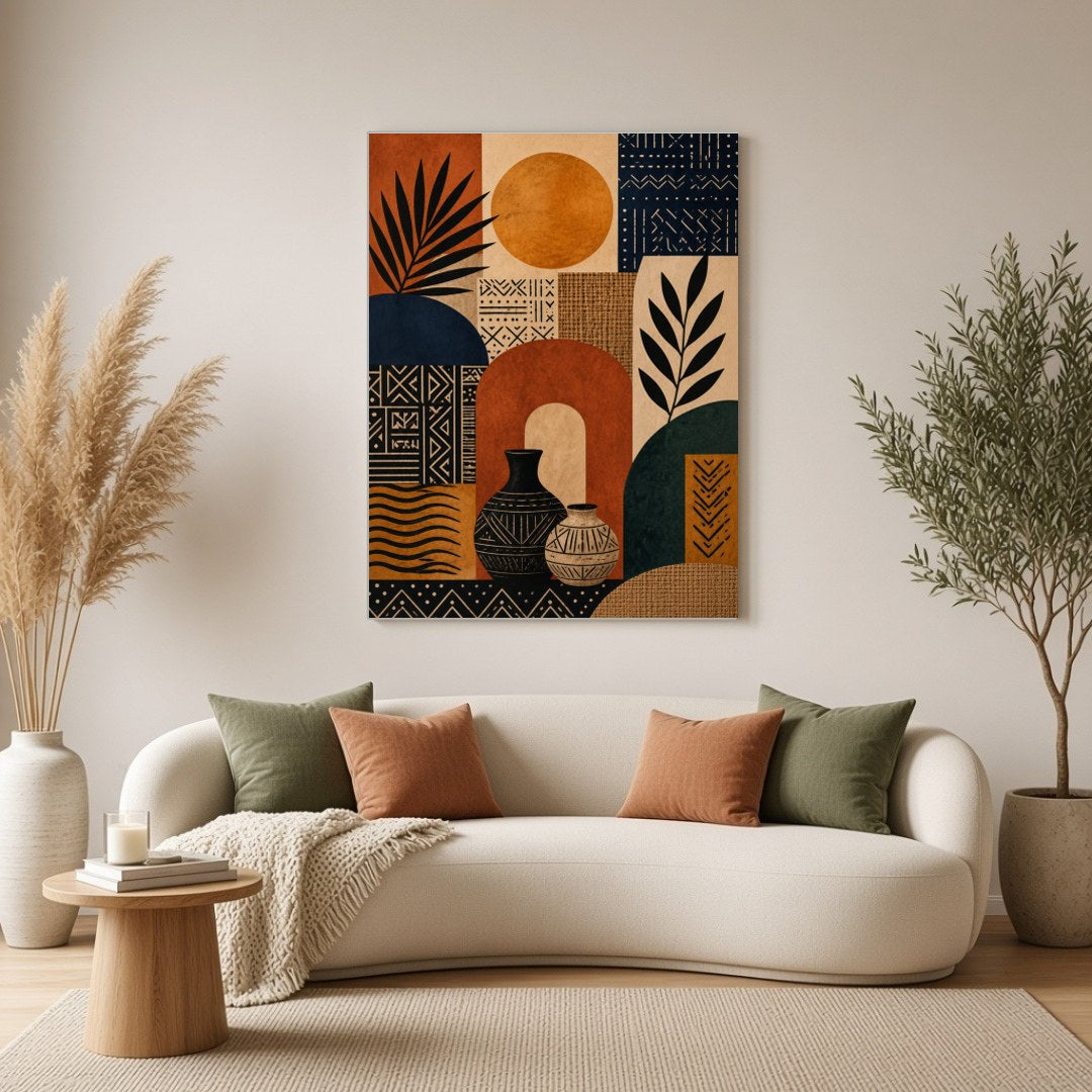 This captivating art print beautifully combines geometric patterns with the warmth of earthen hues. for Living Room