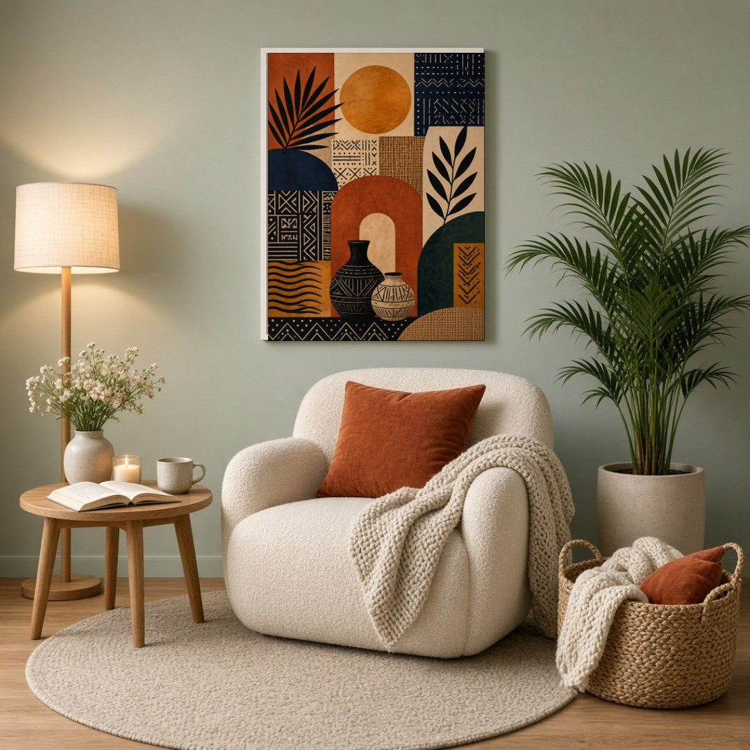 This captivating art print beautifully combines geometric patterns with the warmth of earthen hues. for Reading Nook