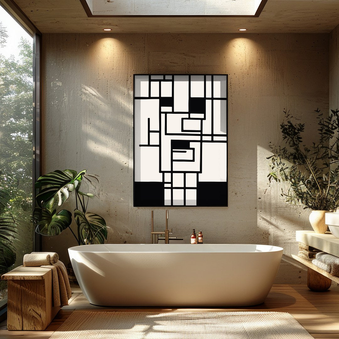 Elevate your space with this striking geometric abstract wall art. Featuring a captivating black for Bathroom