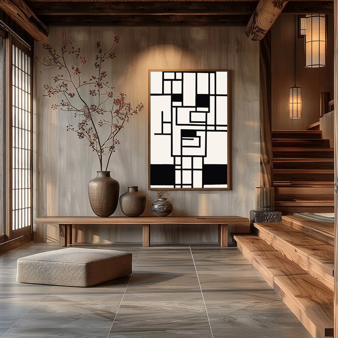 Elevate your space with this striking geometric abstract wall art. Featuring a captivating black for Hall