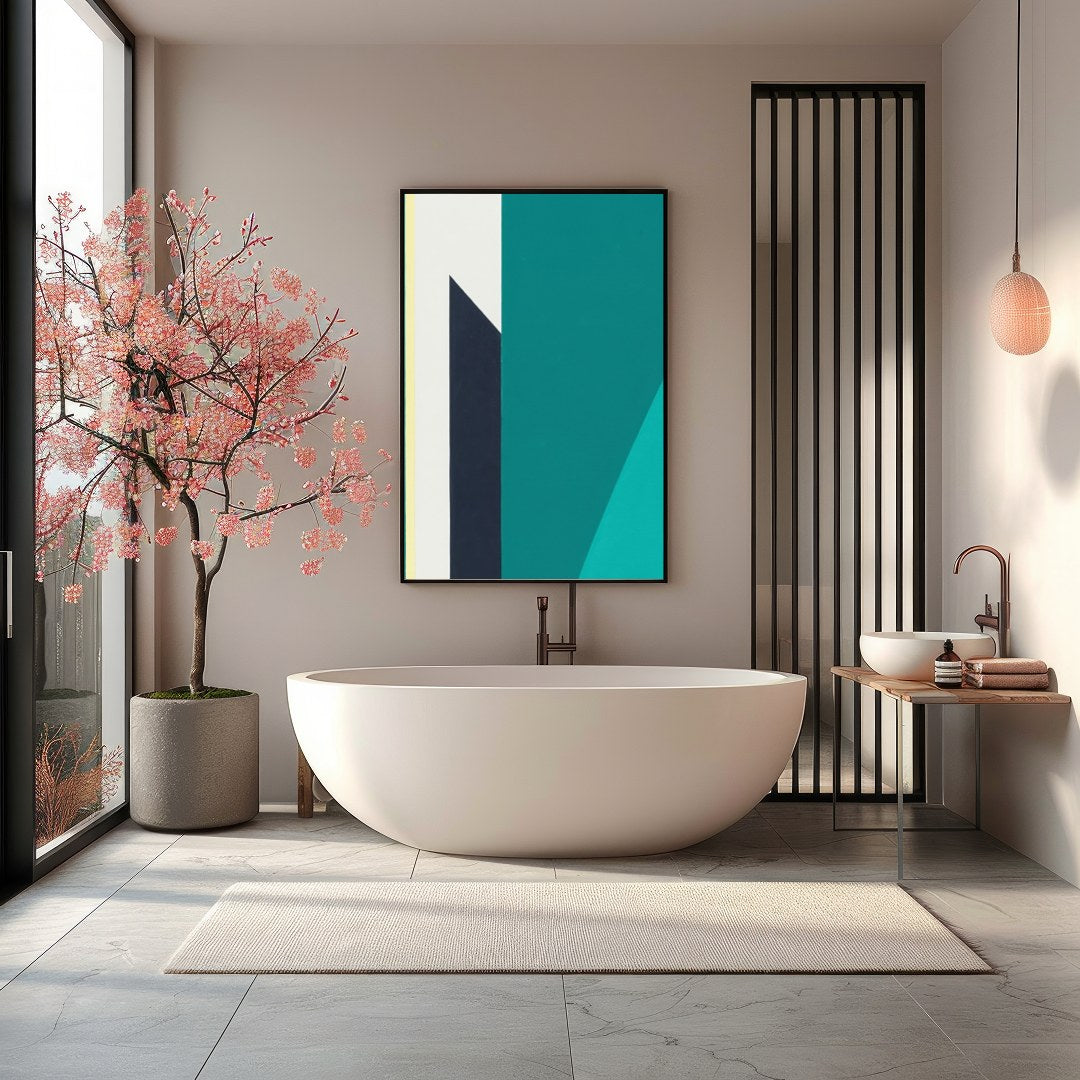 Immerse yourself in the tranquility of 'Geometric Peaks,' where bold shapes converge in a pristine for Bathroom