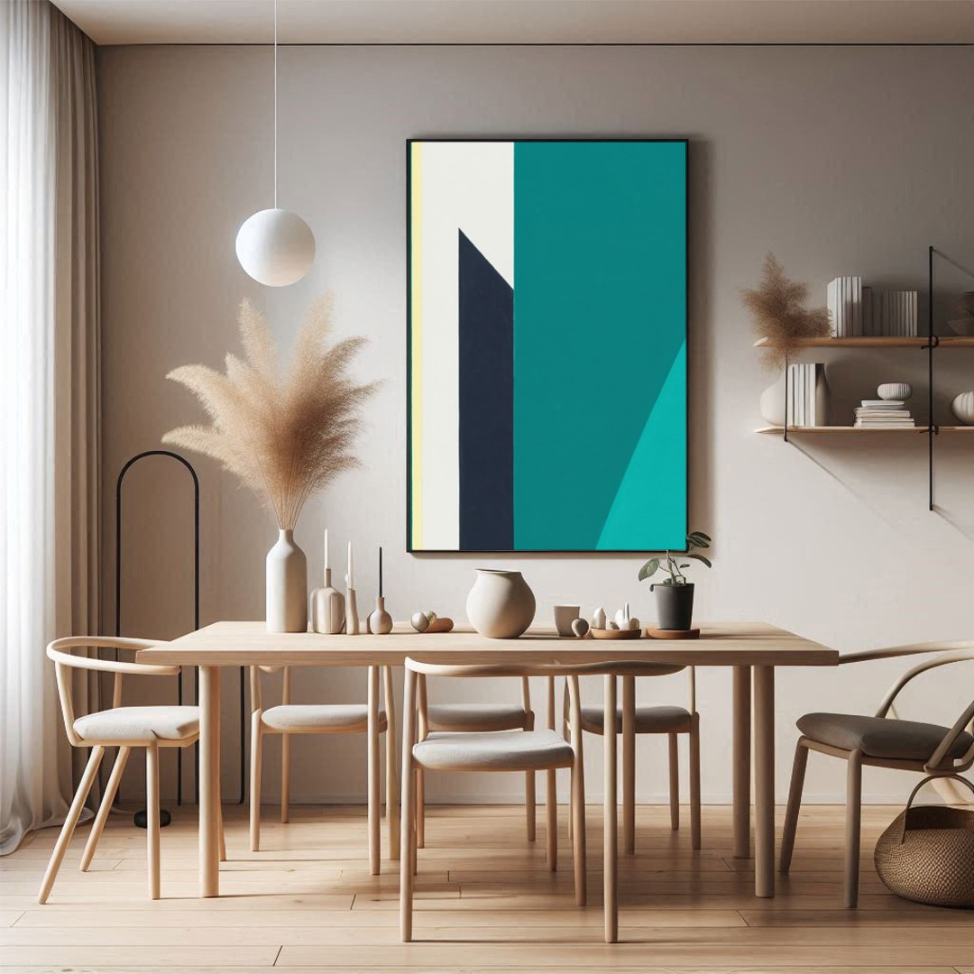 Immerse yourself in the tranquility of 'Geometric Peaks,' where bold shapes converge in a pristine for Dining