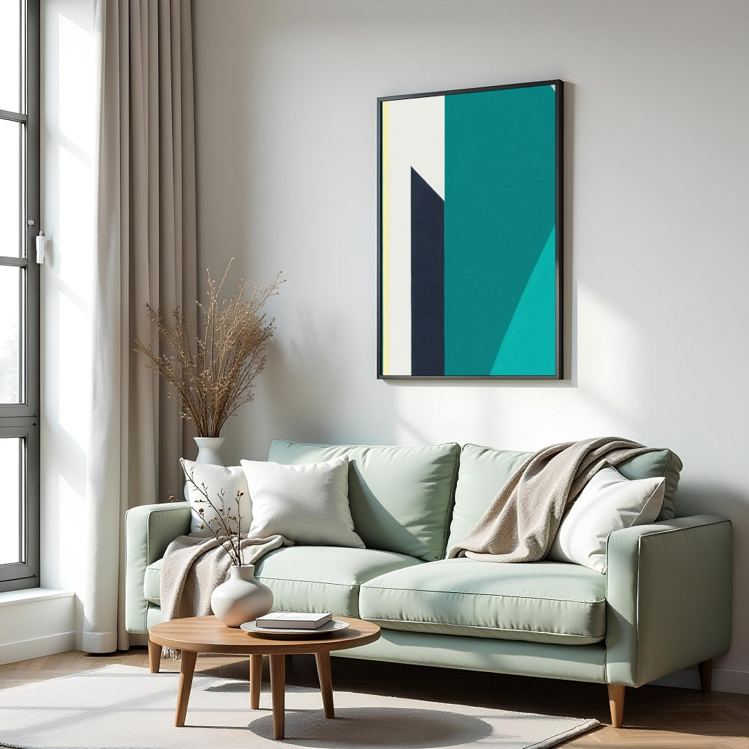 Immerse yourself in the tranquility of 'Geometric Peaks,' where bold shapes converge in a pristine for Hall