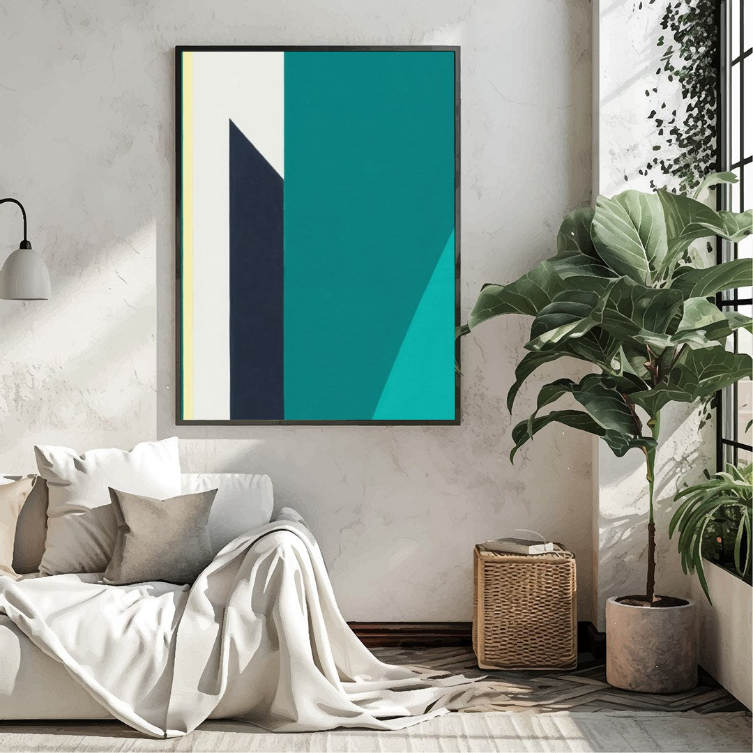Immerse yourself in the tranquility of 'Geometric Peaks,' where bold shapes converge in a pristine for Living Room