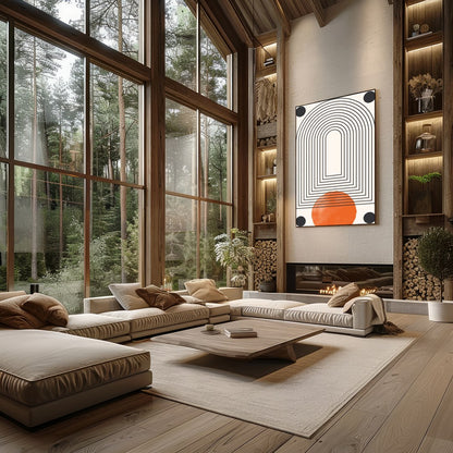 This captivating piece of modern wall art features a series of concentric arcs, drawing the eye for Living Room