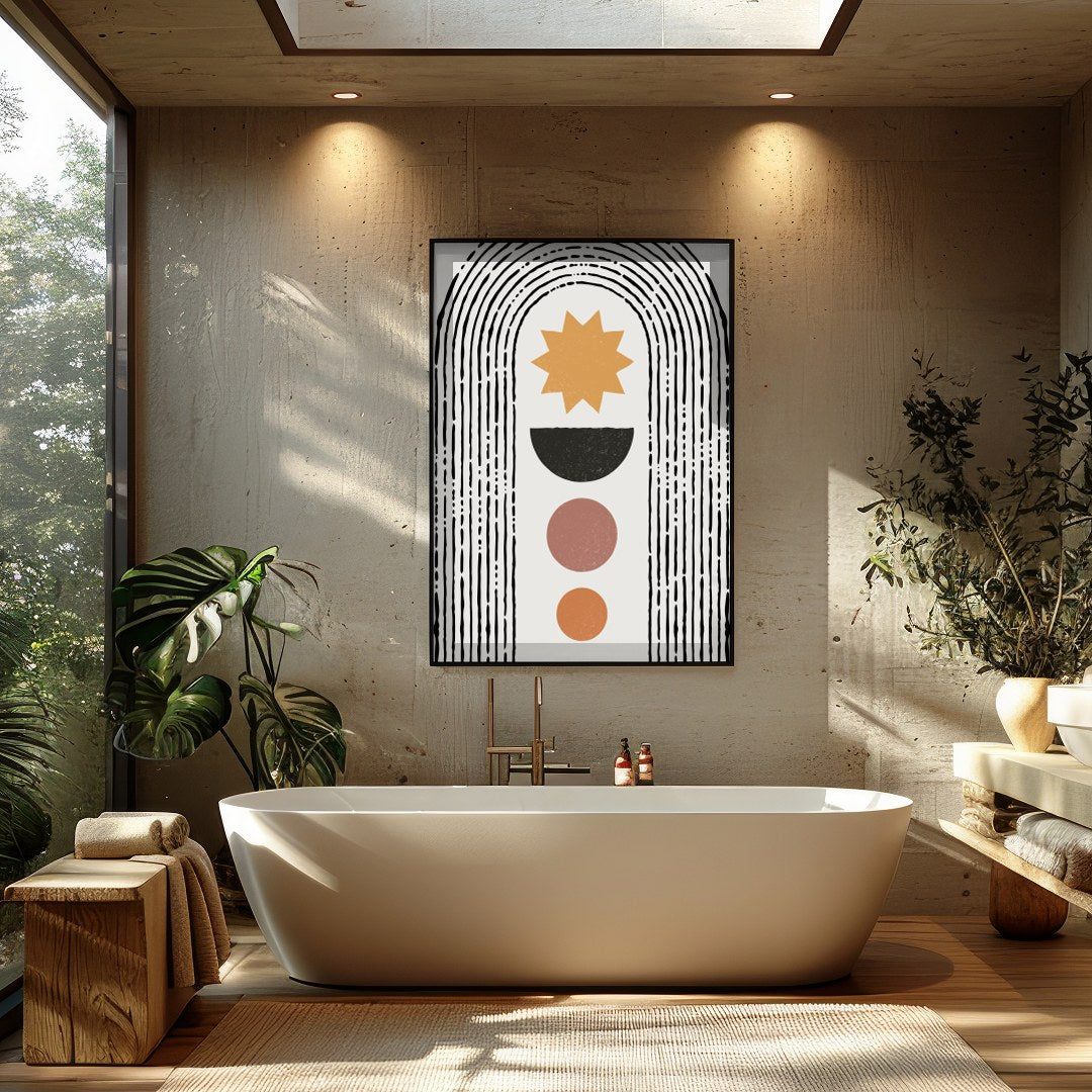 Embrace the simplicity and elegance of 'Geometric Sunrise Arch.' This artwork features a minimalist for Bathroom