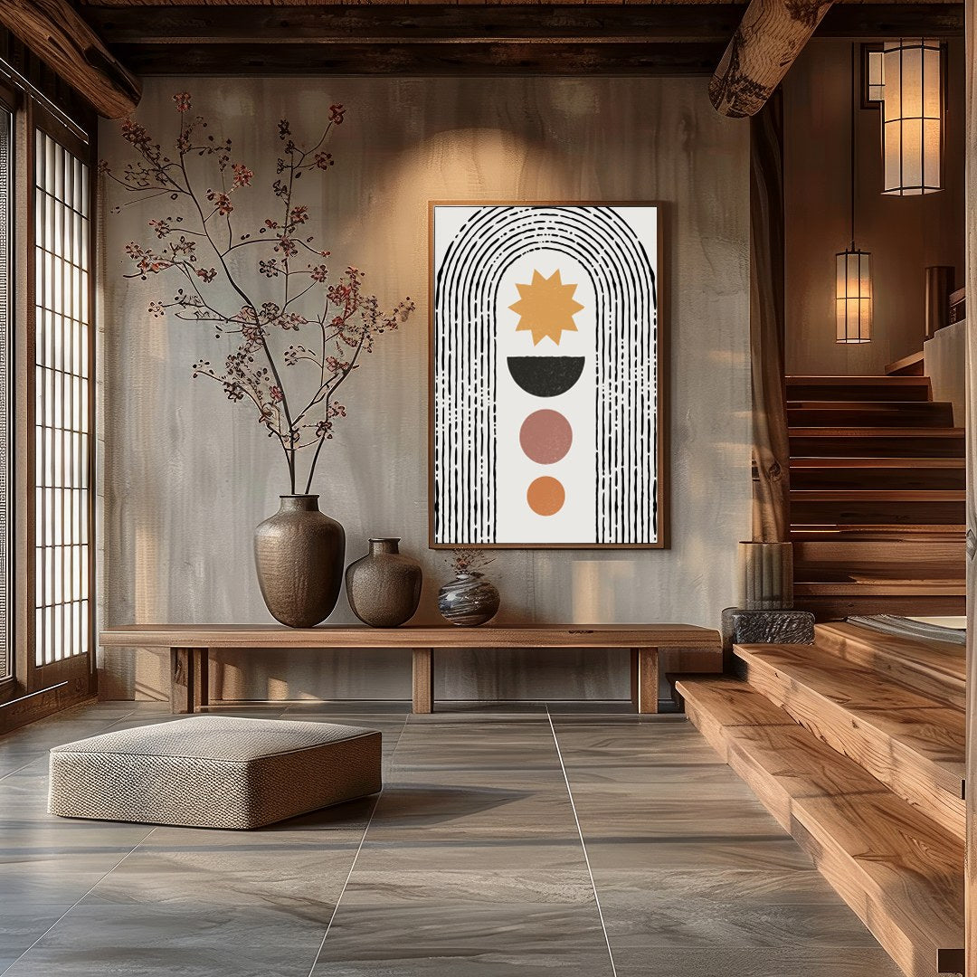 Embrace the simplicity and elegance of 'Geometric Sunrise Arch.' This artwork features a minimalist for Hall