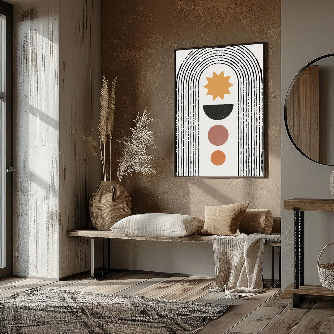 Embrace the simplicity and elegance of 'Geometric Sunrise Arch.' This artwork features a minimalist for residence