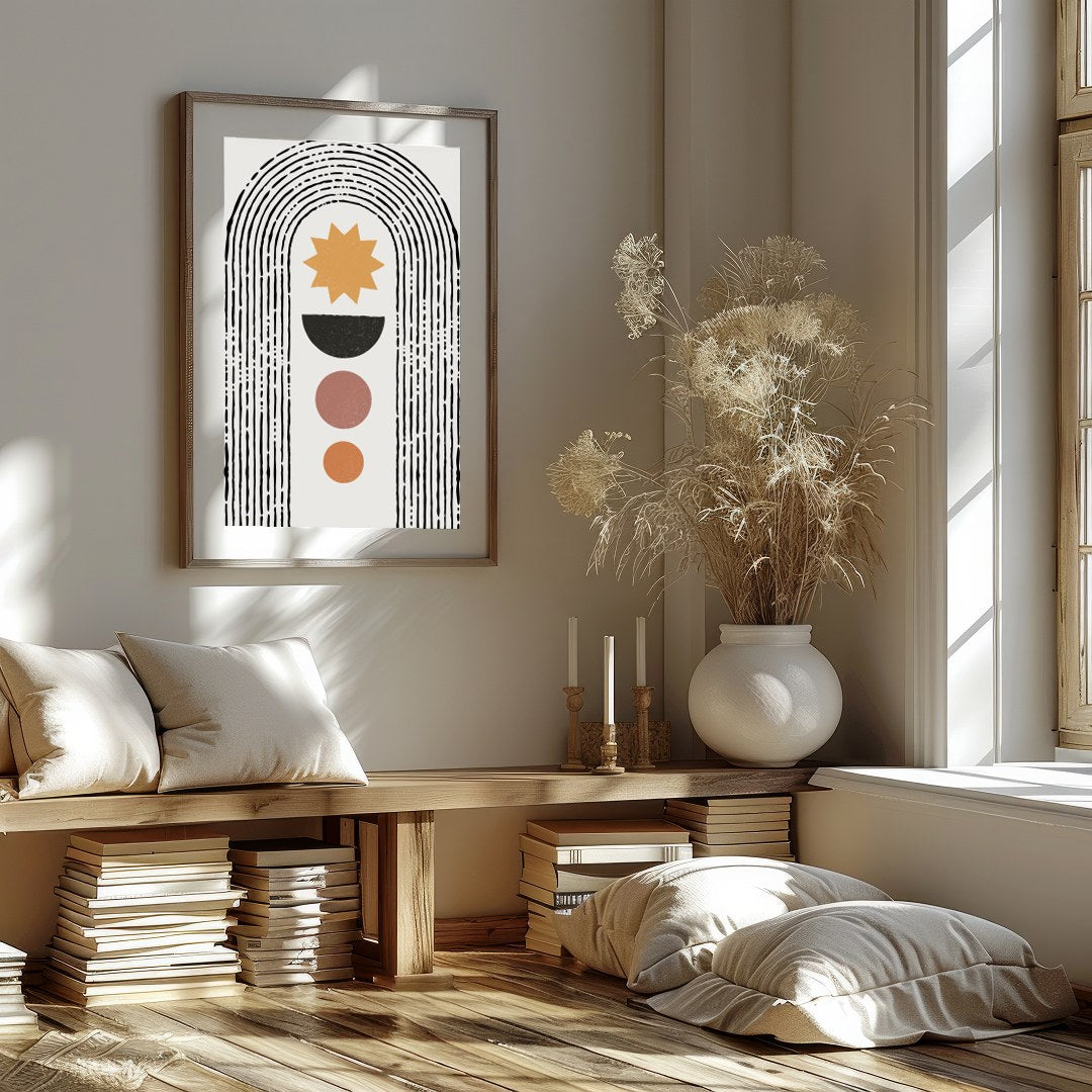Embrace the simplicity and elegance of 'Geometric Sunrise Arch.' This artwork features a minimalist for retreat