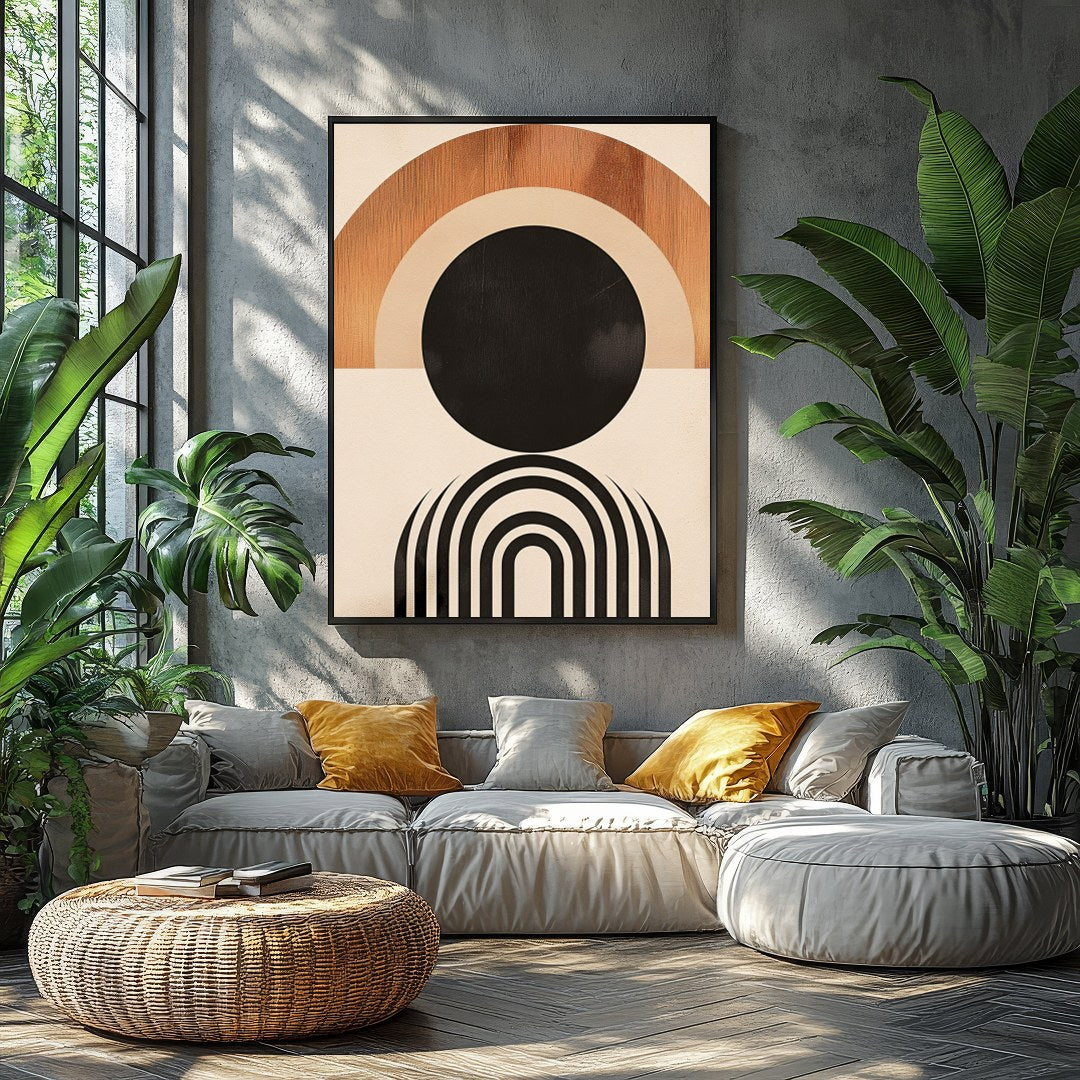 This captivating geometric artwork evokes the beauty of a sunrise with its minimalist design and for Balcony