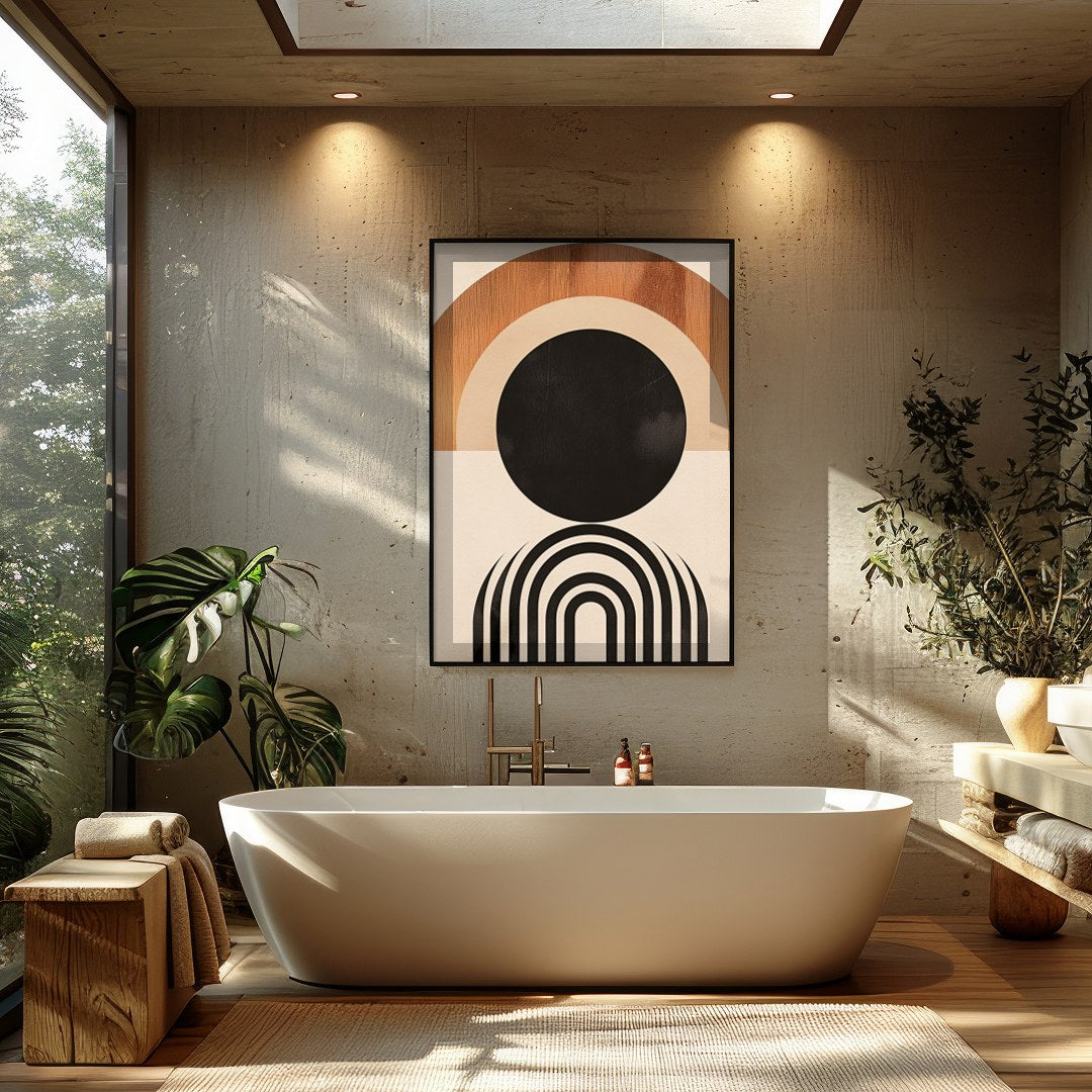 This captivating geometric artwork evokes the beauty of a sunrise with its minimalist design and for Bathroom