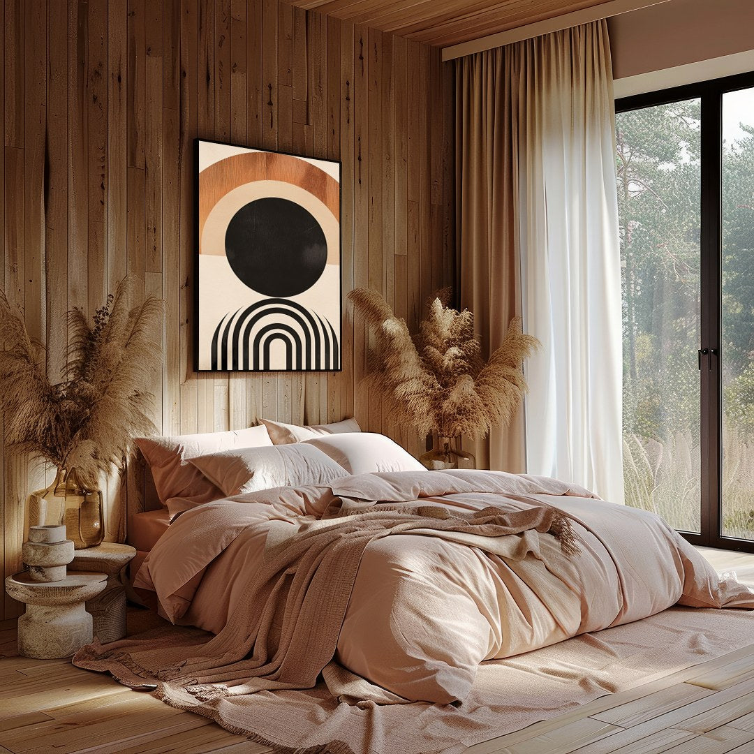 This captivating geometric artwork evokes the beauty of a sunrise with its minimalist design and for Bedroom