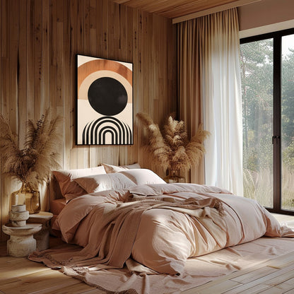 This captivating geometric artwork evokes the beauty of a sunrise with its minimalist design and for Bedroom
