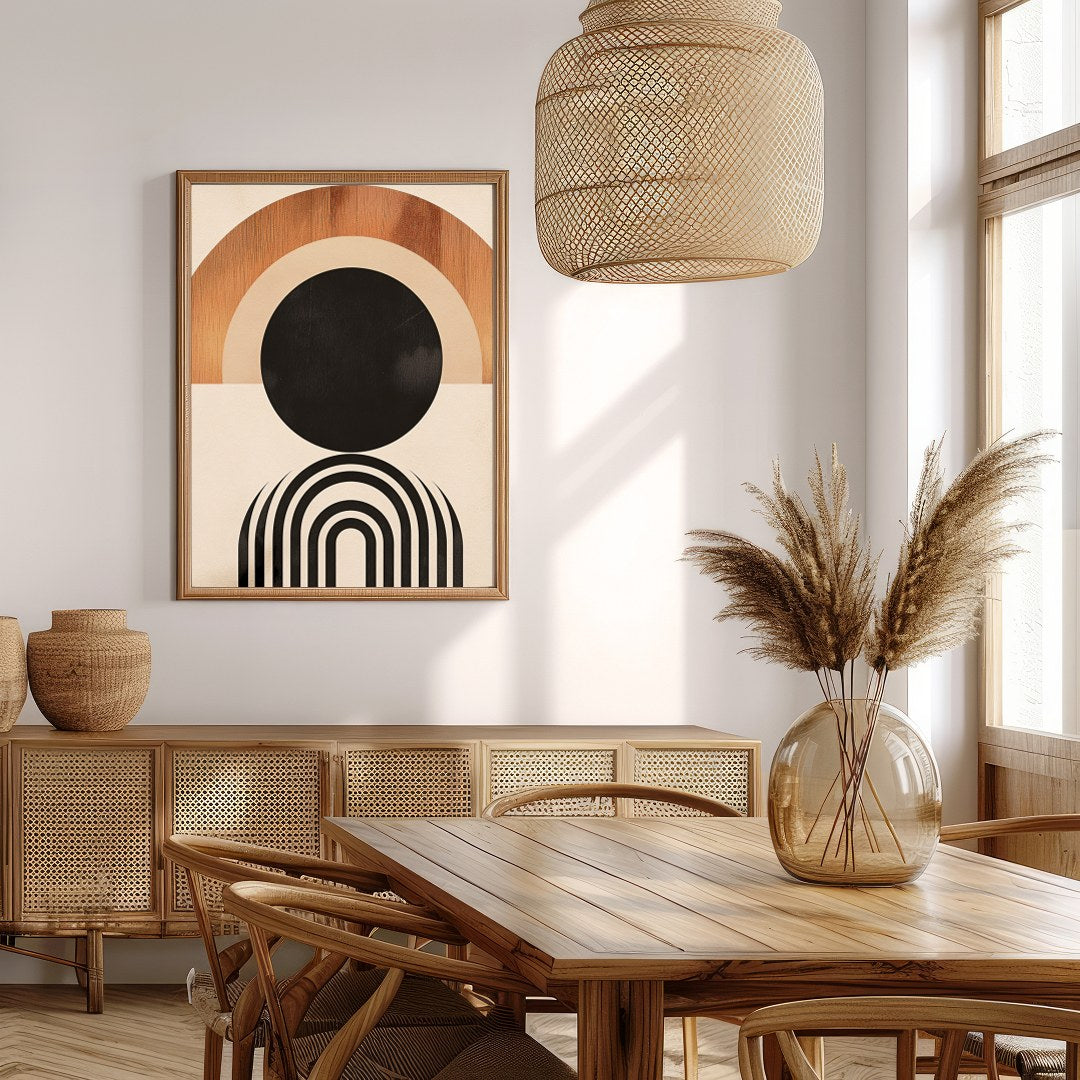 This captivating geometric artwork evokes the beauty of a sunrise with its minimalist design and for Extra Kitchen