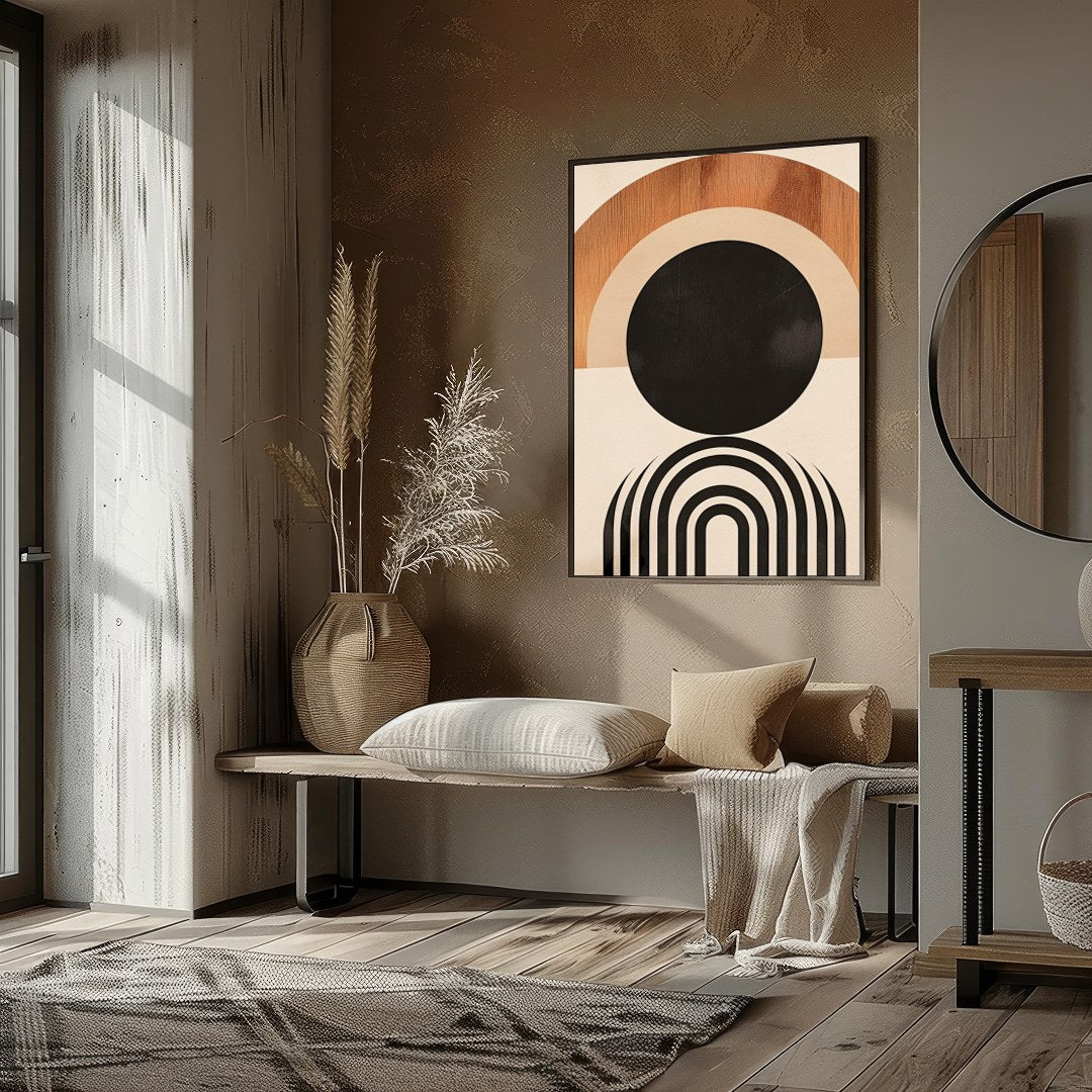 This captivating geometric artwork evokes the beauty of a sunrise with its minimalist design and for gallery