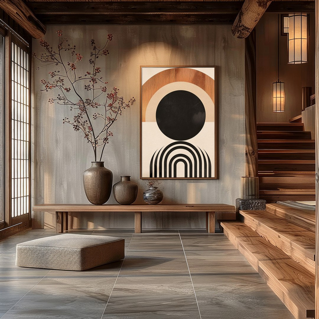 This captivating geometric artwork evokes the beauty of a sunrise with its minimalist design and for Hall
