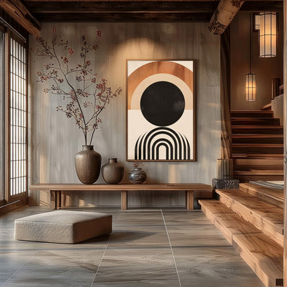 This captivating geometric artwork evokes the beauty of a sunrise with its minimalist design and for Hall