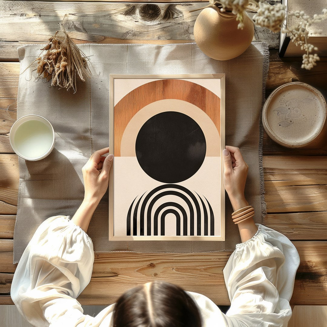 This captivating geometric artwork evokes the beauty of a sunrise with its minimalist design and for Kitchen