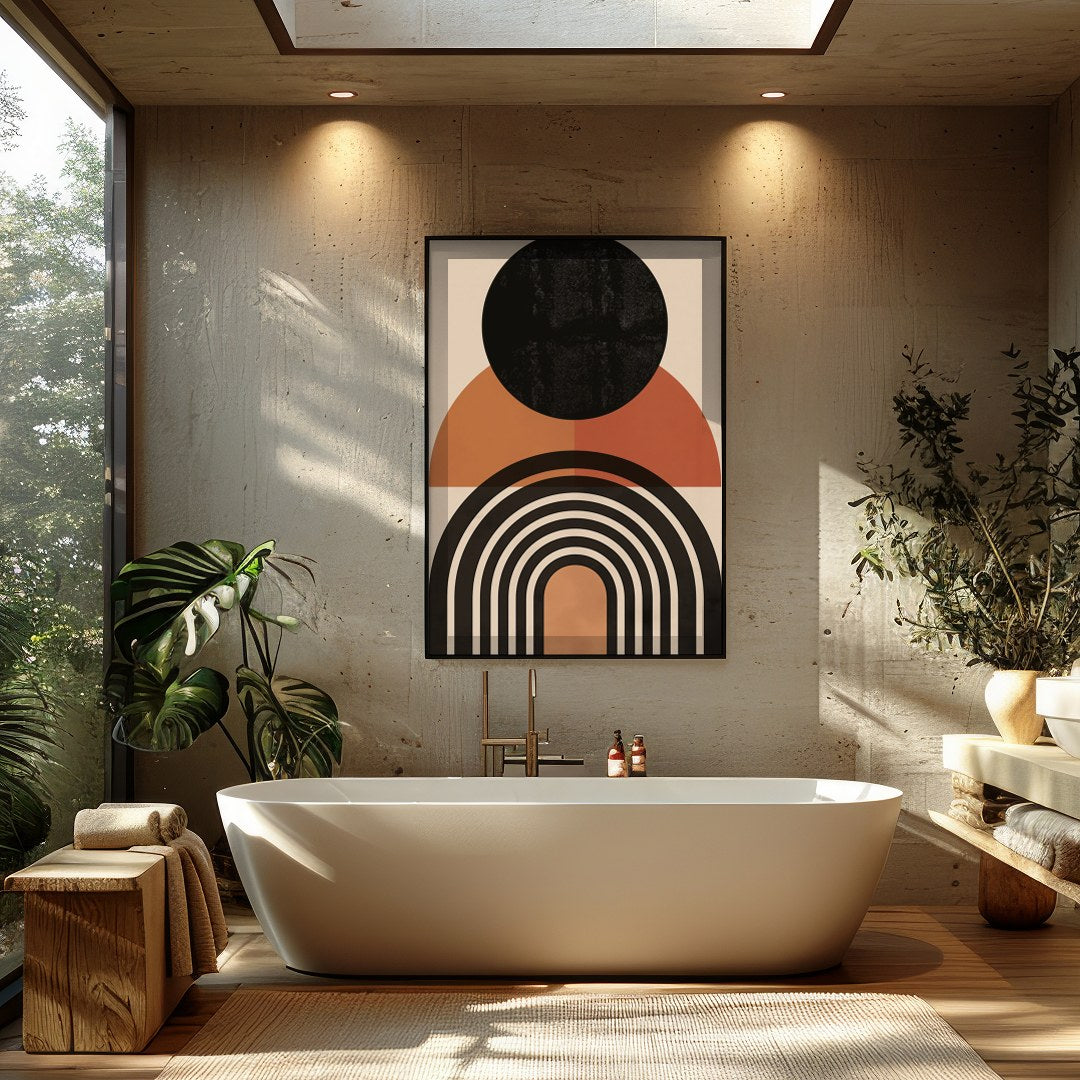 This captivating piece features bold geometric shapes that evoke the calming essence of a sunset. for Bathroom