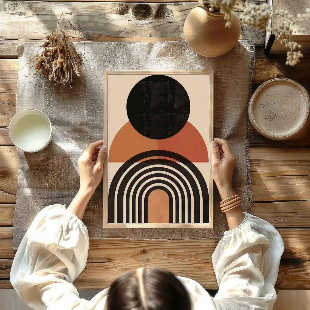 This captivating piece features bold geometric shapes that evoke the calming essence of a sunset. for Kitchen