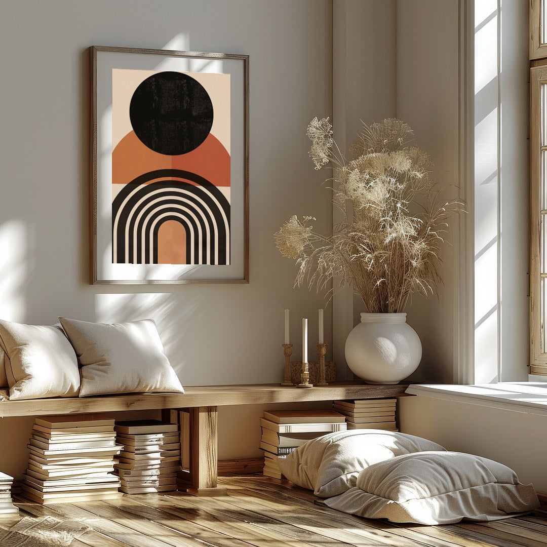This captivating piece features bold geometric shapes that evoke the calming essence of a sunset. for retreat