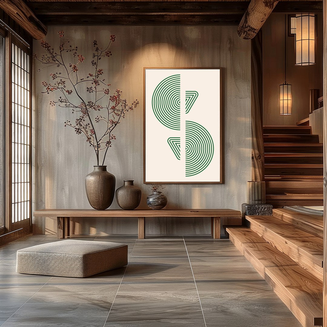 This captivating artwork showcases a harmonious balance of geometric patterns and natural tones. for Hall