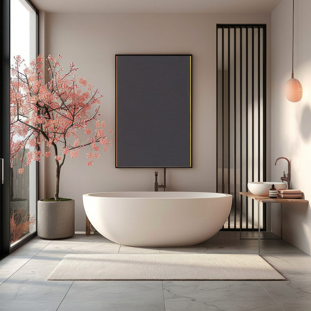 Immerse yourself in the vibrant interplay of colors and shapes with this striking geometric for Bathroom