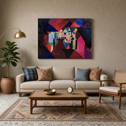 Immerse yourself in a vibrant world with 'Geometric Symphony,' an abstract masterpiece showcasing a for Living Room