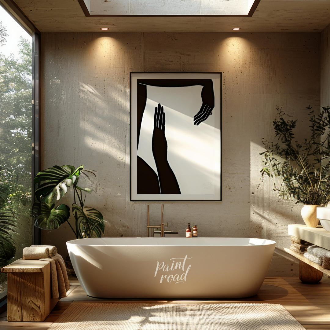 """Gesture Study"" presents a striking composition of silhouetted figures and hands against a stark… for bathroom
