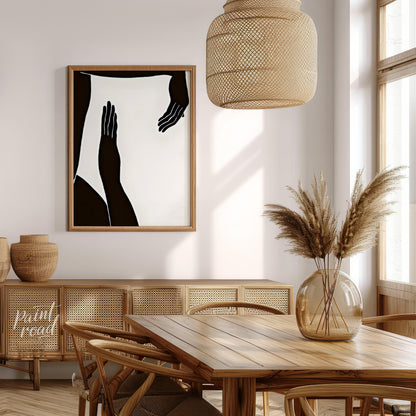 """Gesture Study"" presents a striking composition of silhouetted figures and hands against a stark… for dining room