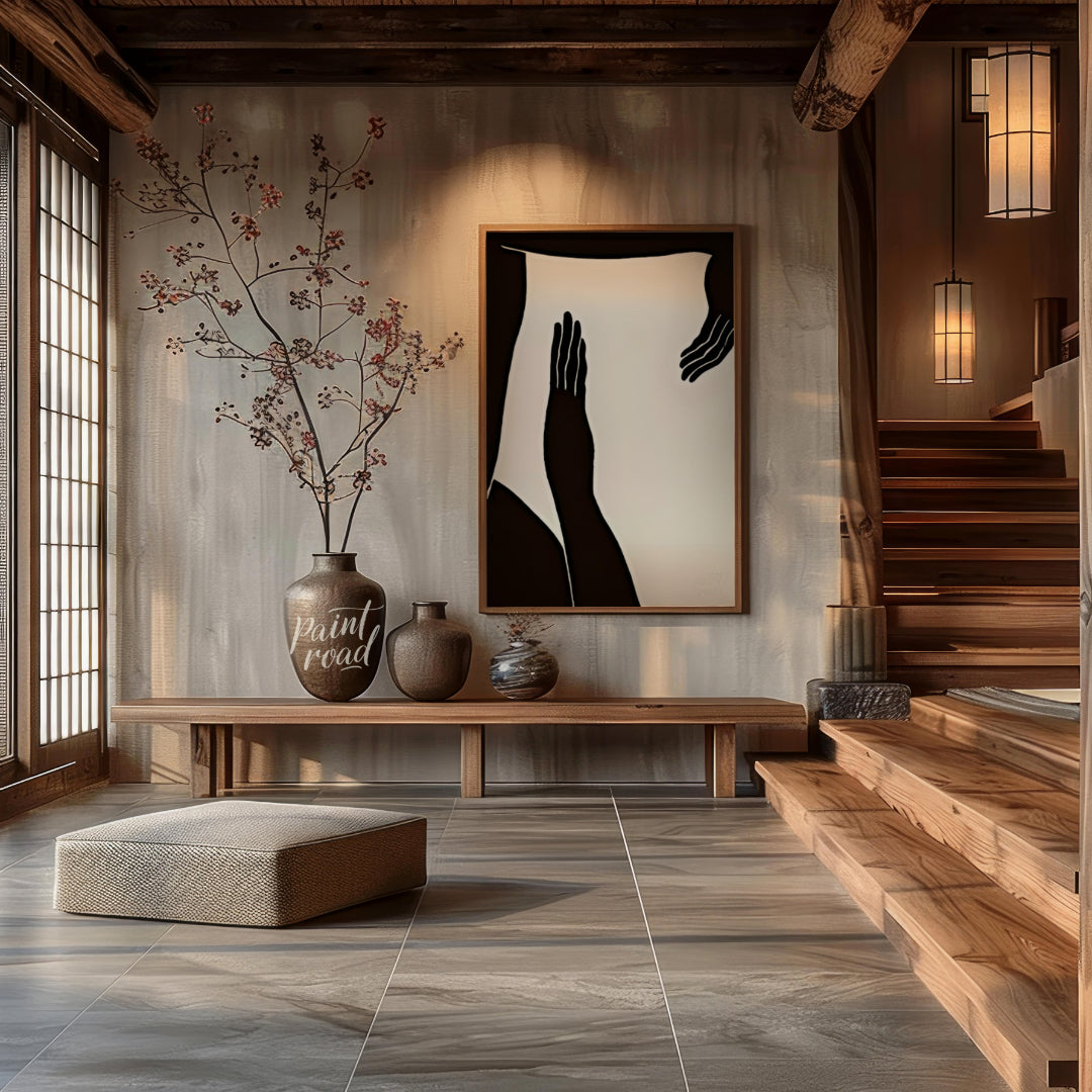 """Gesture Study"" presents a striking composition of silhouetted figures and hands against a stark… for entryway