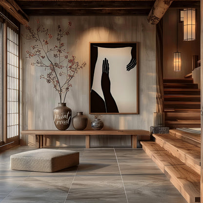 """Gesture Study"" presents a striking composition of silhouetted figures and hands against a stark… for entryway
