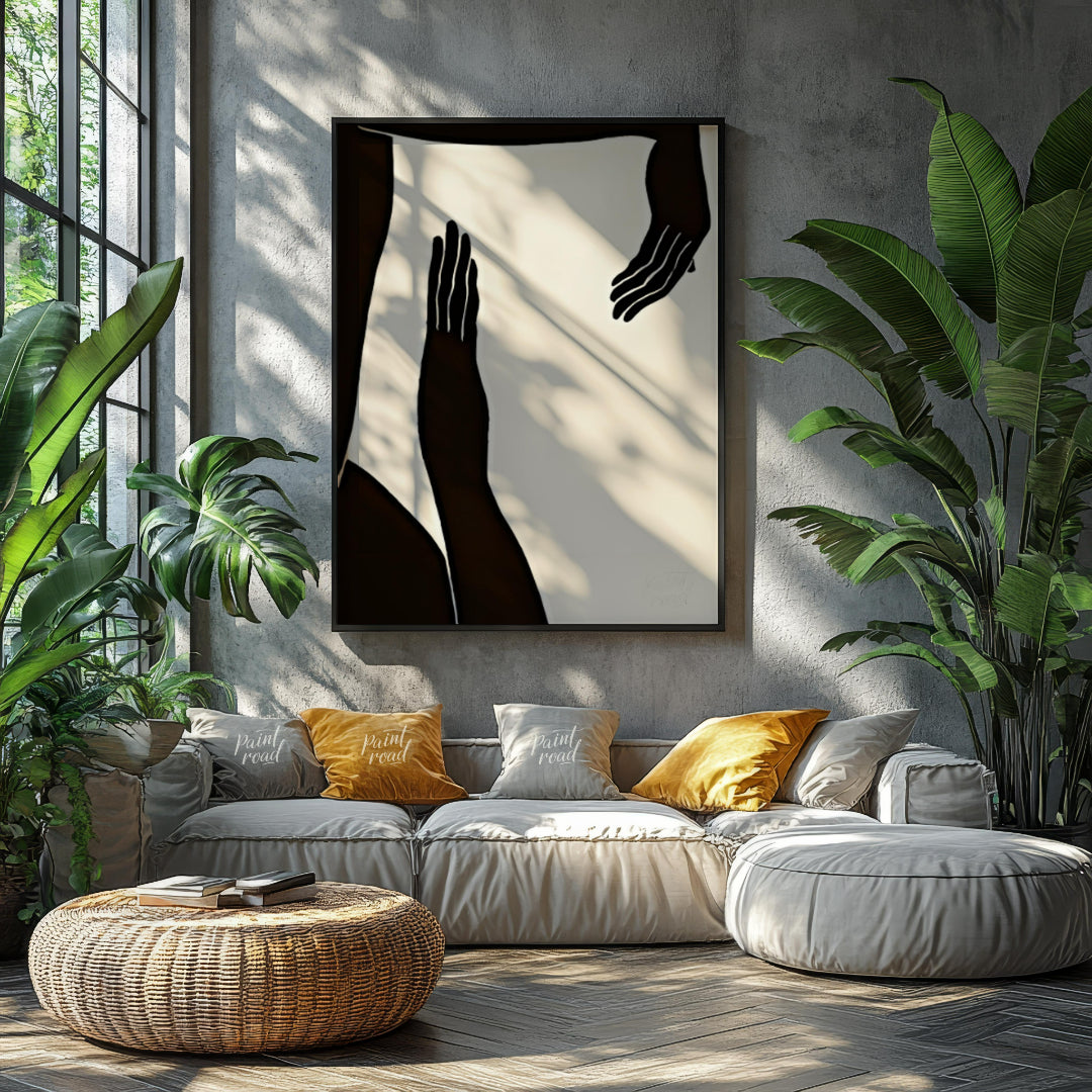 """Gesture Study"" presents a striking composition of silhouetted figures and hands against a stark… for living room
