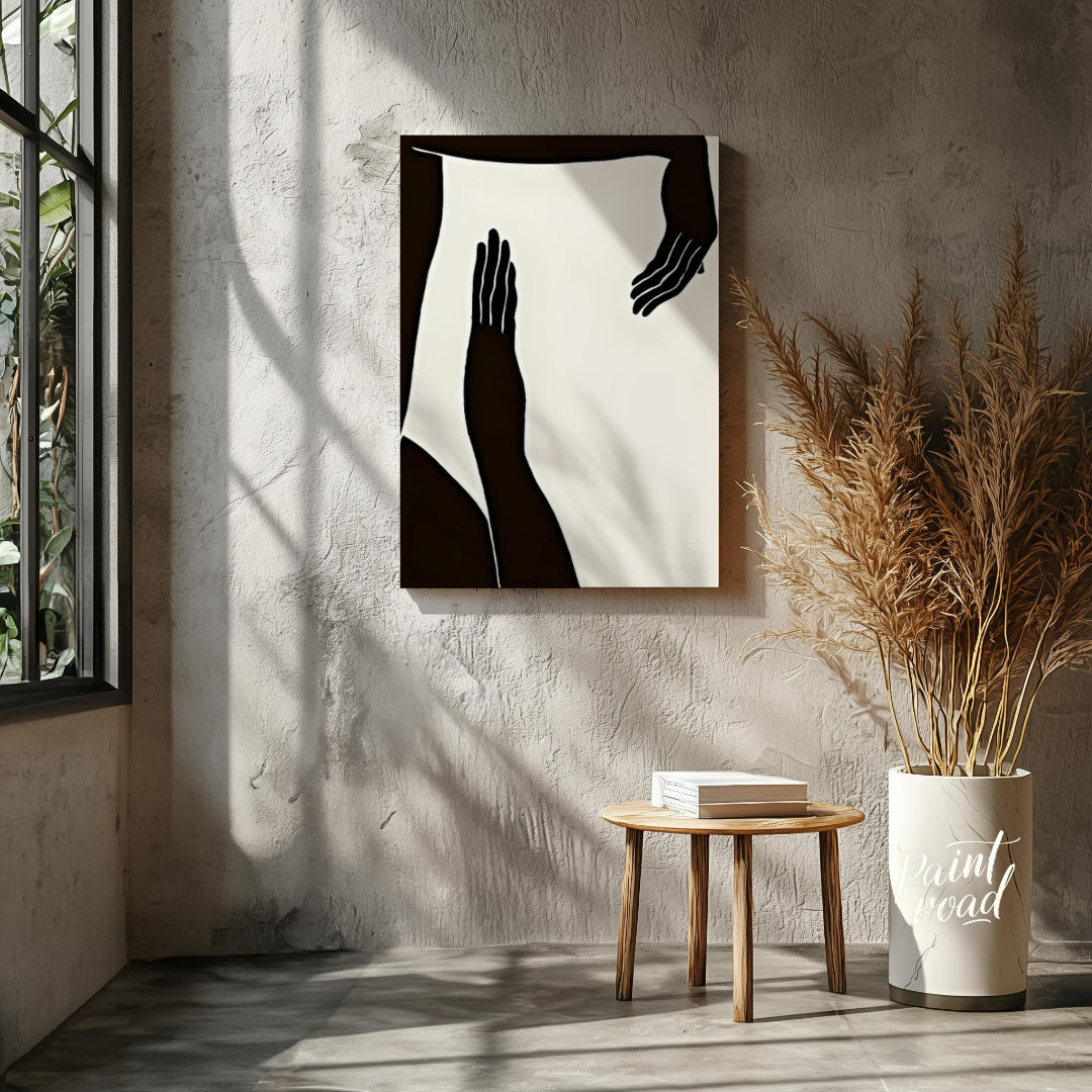 """Gesture Study"" presents a striking composition of silhouetted figures and hands against a stark… for living room