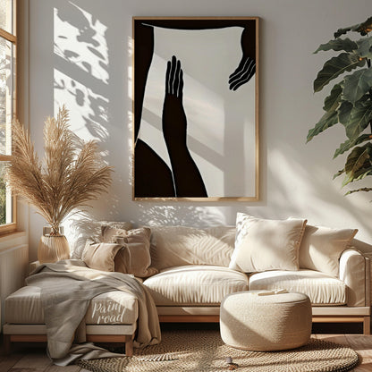 """Gesture Study"" presents a striking composition of silhouetted figures and hands against a stark… for living room